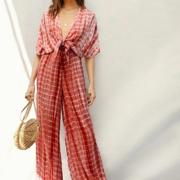 . Pants - Rusty Rose Preppy Womens Plunging Neck Knot Front Tie Dye Palazzo Jumpsuit